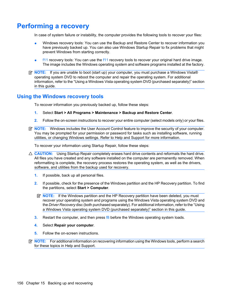 Performing a recovery, Using the windows recovery tools | HP EliteBook 2540p Notebook PC User Manual | Page 168 / 175