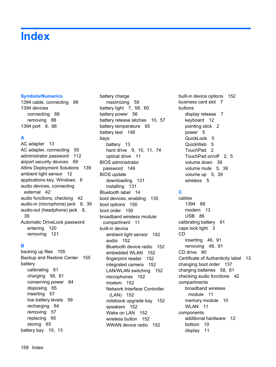Index | HP EliteBook 2540p Notebook PC User Manual | Page 170 / 175