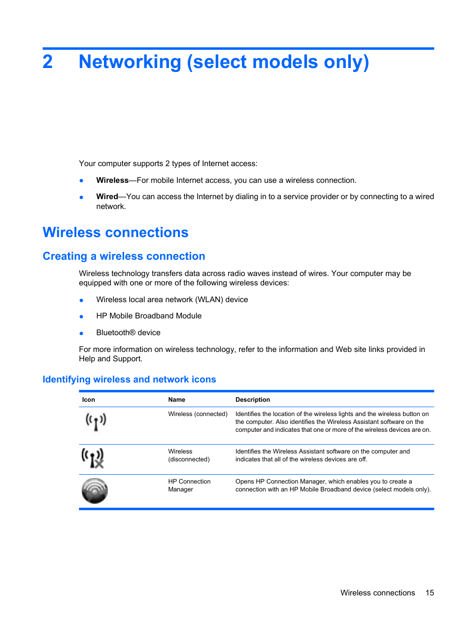 Networking (select models only), Wireless connections, Creating a wireless connection | Identifying wireless and network icons, 2 networking (select models only), 2networking (select models only) | HP EliteBook 2540p Notebook PC User Manual | Page 27 / 175