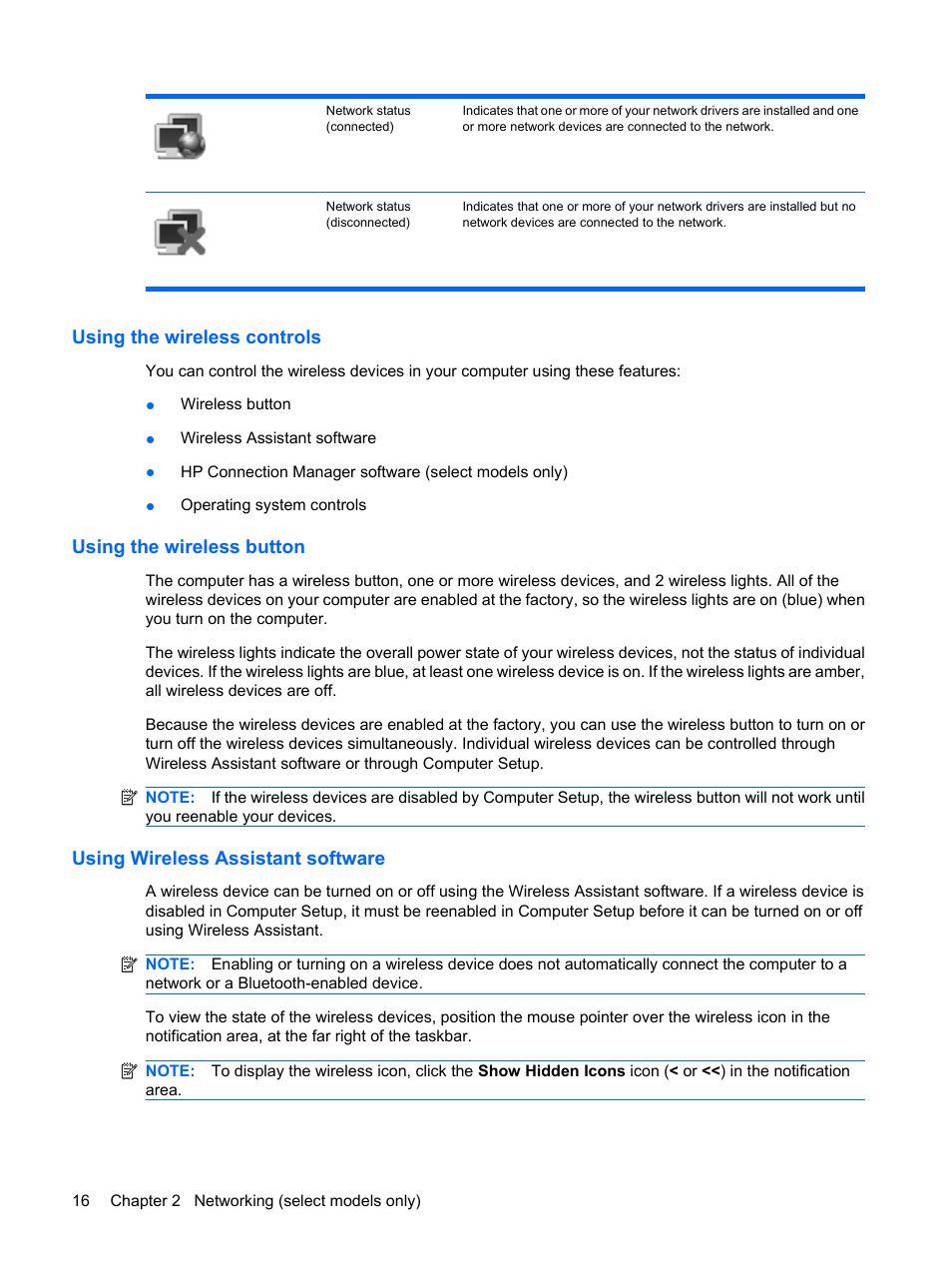 Using the wireless controls, Using the wireless button, Using wireless assistant software | HP EliteBook 2540p Notebook PC User Manual | Page 28 / 175