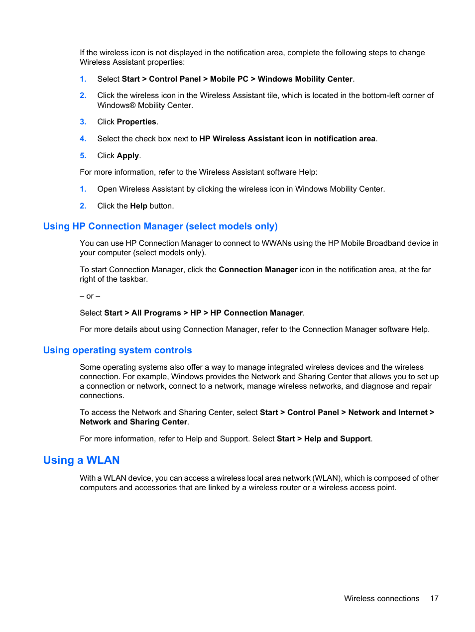 Using hp connection manager (select models only), Using operating system controls, Using a wlan | HP EliteBook 2540p Notebook PC User Manual | Page 29 / 175
