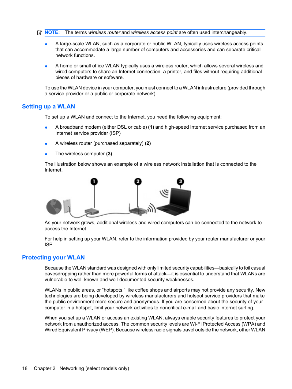 Setting up a wlan, Protecting your wlan, Setting up a wlan protecting your wlan | HP EliteBook 2540p Notebook PC User Manual | Page 30 / 175