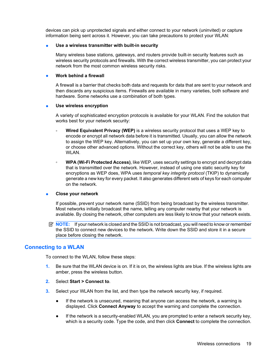 Connecting to a wlan | HP EliteBook 2540p Notebook PC User Manual | Page 31 / 175