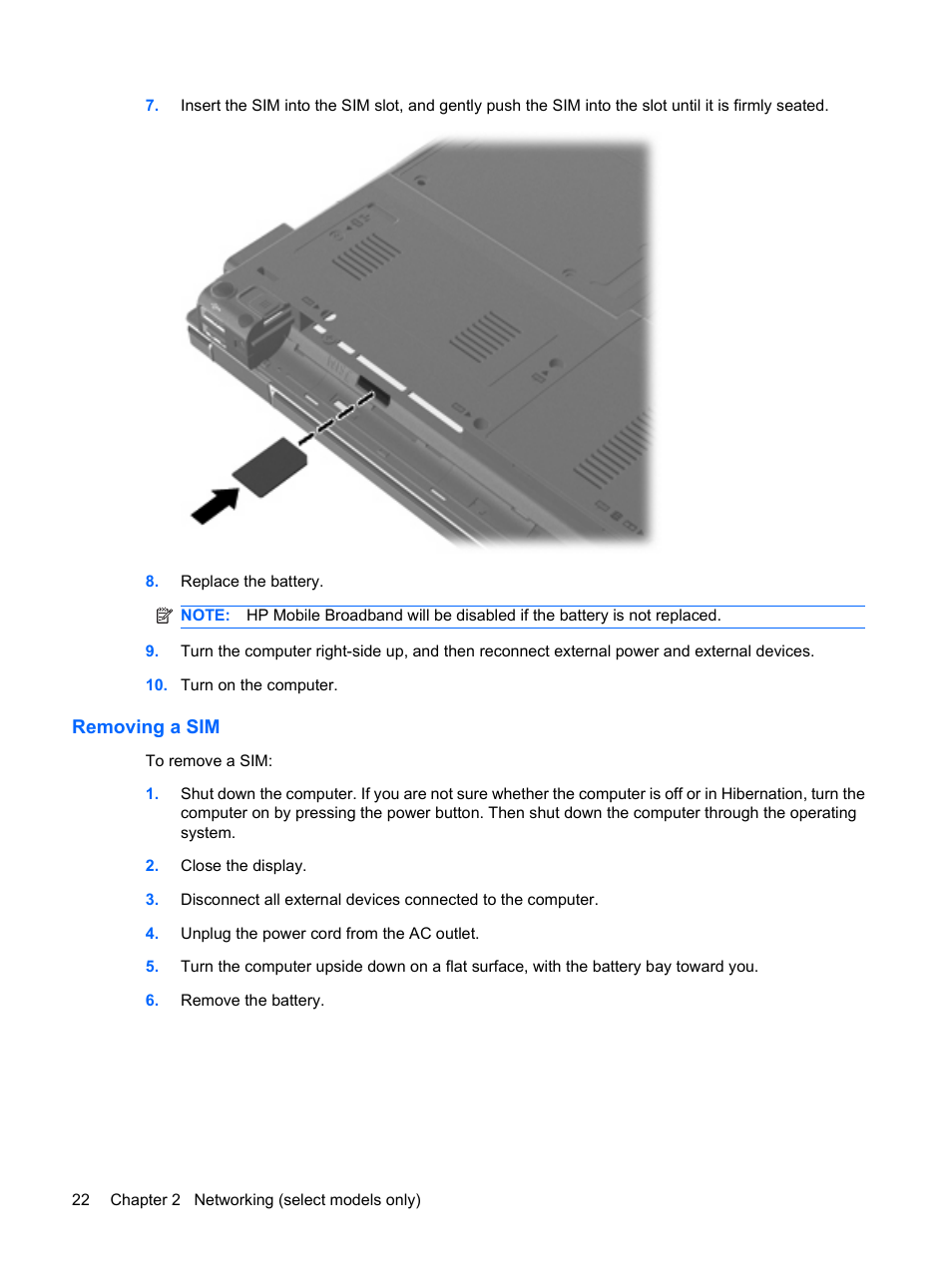 Removing a sim | HP EliteBook 2540p Notebook PC User Manual | Page 34 / 175