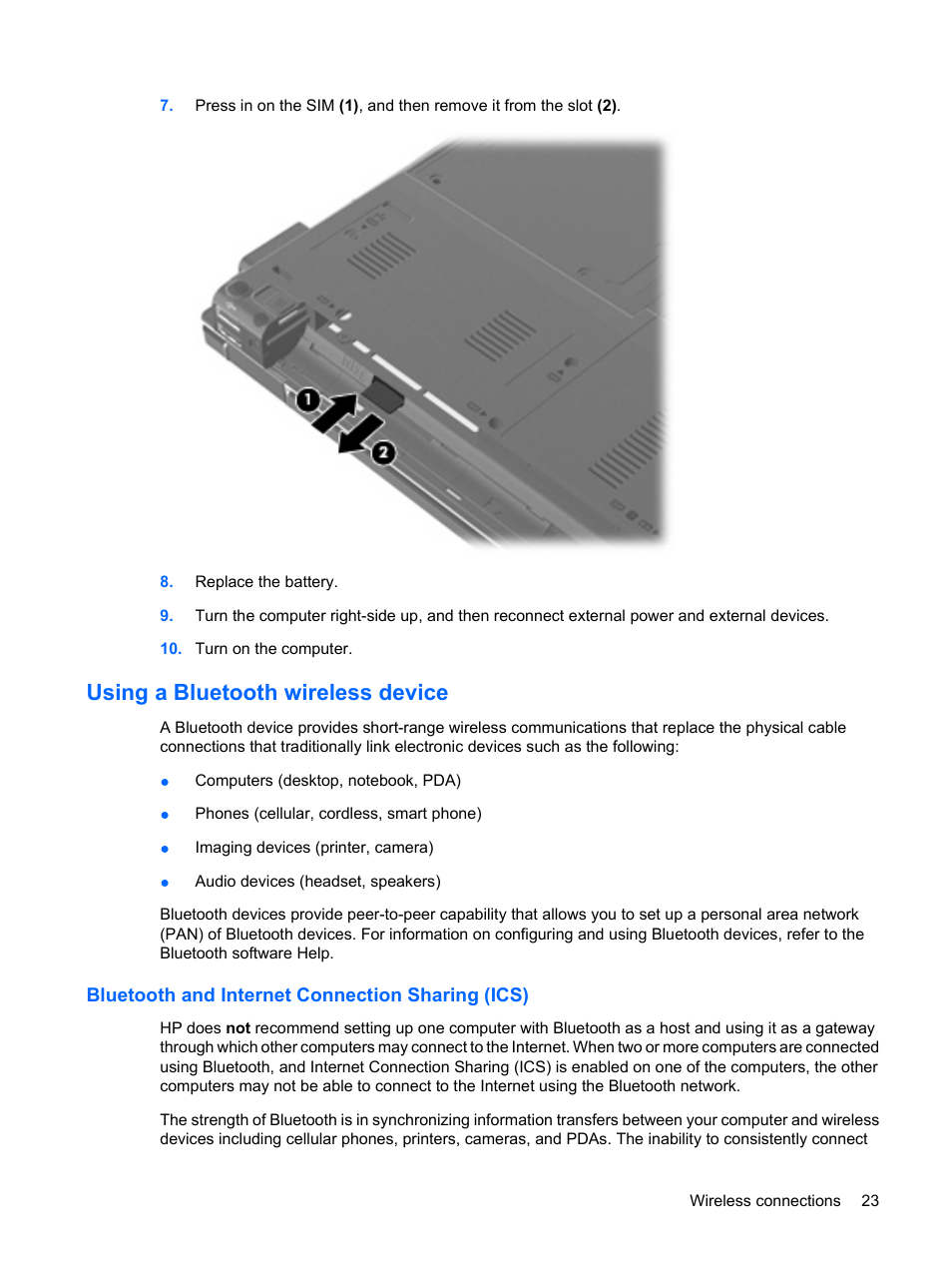 Using a bluetooth wireless device, Bluetooth and internet connection sharing (ics) | HP EliteBook 2540p Notebook PC User Manual | Page 35 / 175