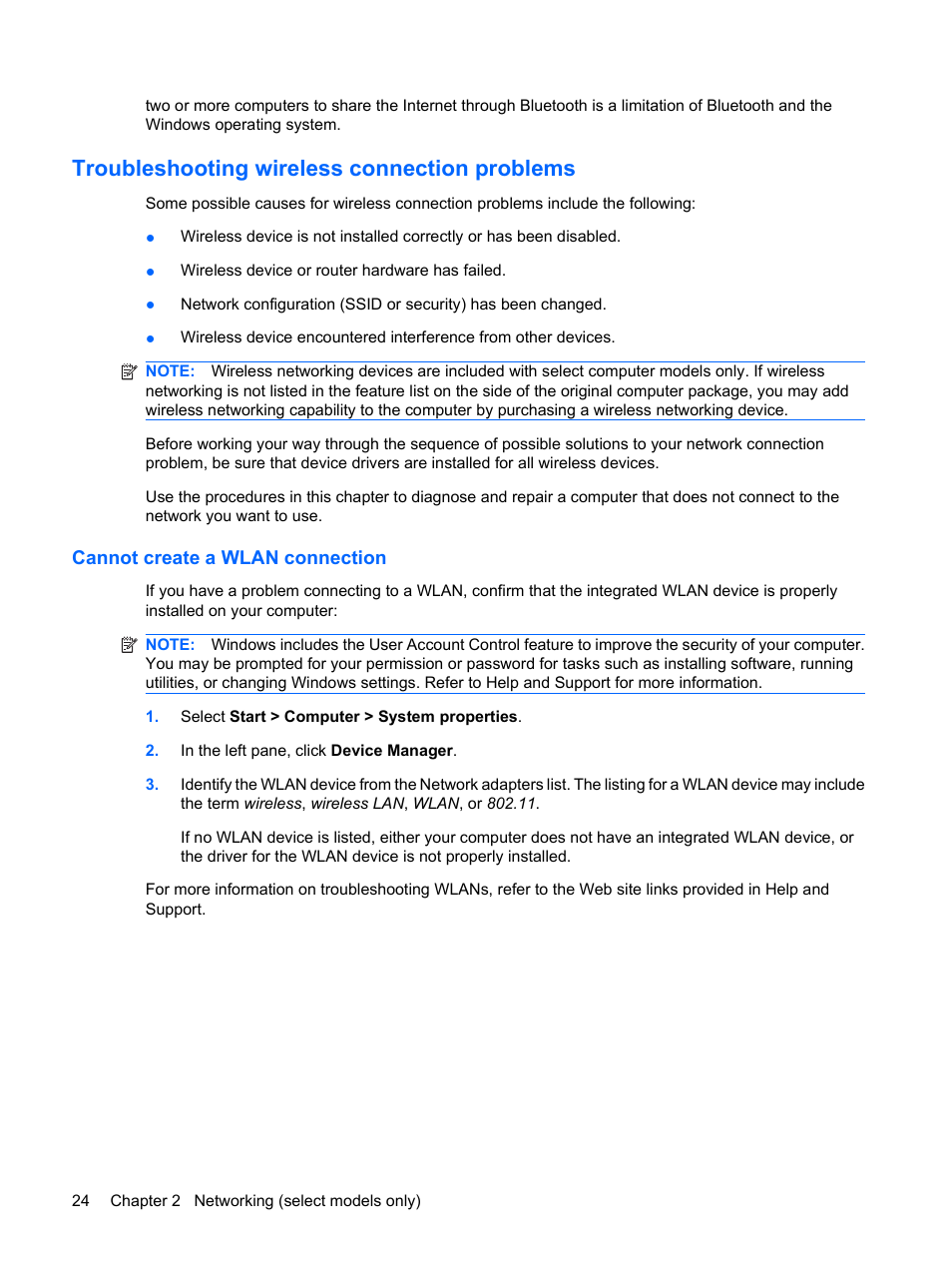 Troubleshooting wireless connection problems, Cannot create a wlan connection | HP EliteBook 2540p Notebook PC User Manual | Page 36 / 175