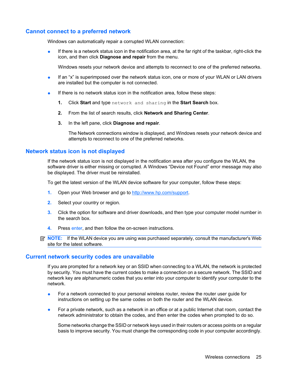 Cannot connect to a preferred network, Network status icon is not displayed, Current network security codes are unavailable | HP EliteBook 2540p Notebook PC User Manual | Page 37 / 175