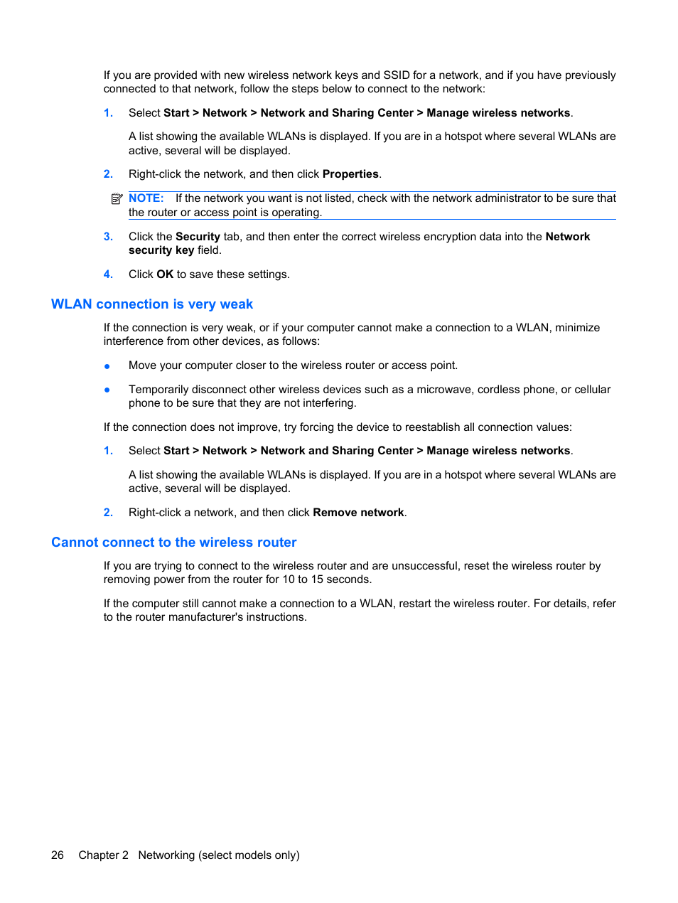 Wlan connection is very weak, Cannot connect to the wireless router | HP EliteBook 2540p Notebook PC User Manual | Page 38 / 175