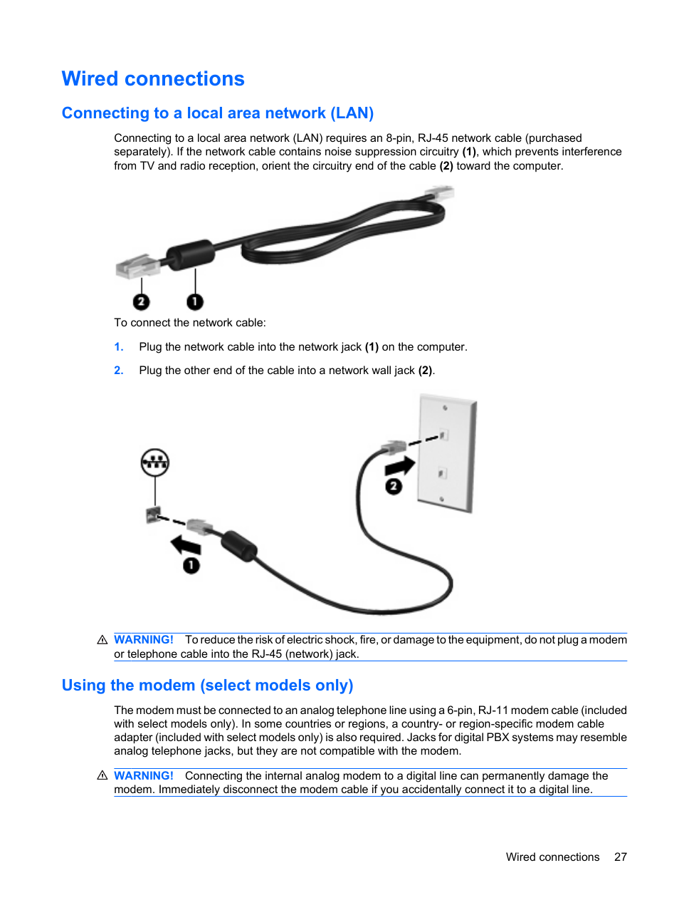 Wired connections, Connecting to a local area network (lan), Using the modem (select models only) | HP EliteBook 2540p Notebook PC User Manual | Page 39 / 175