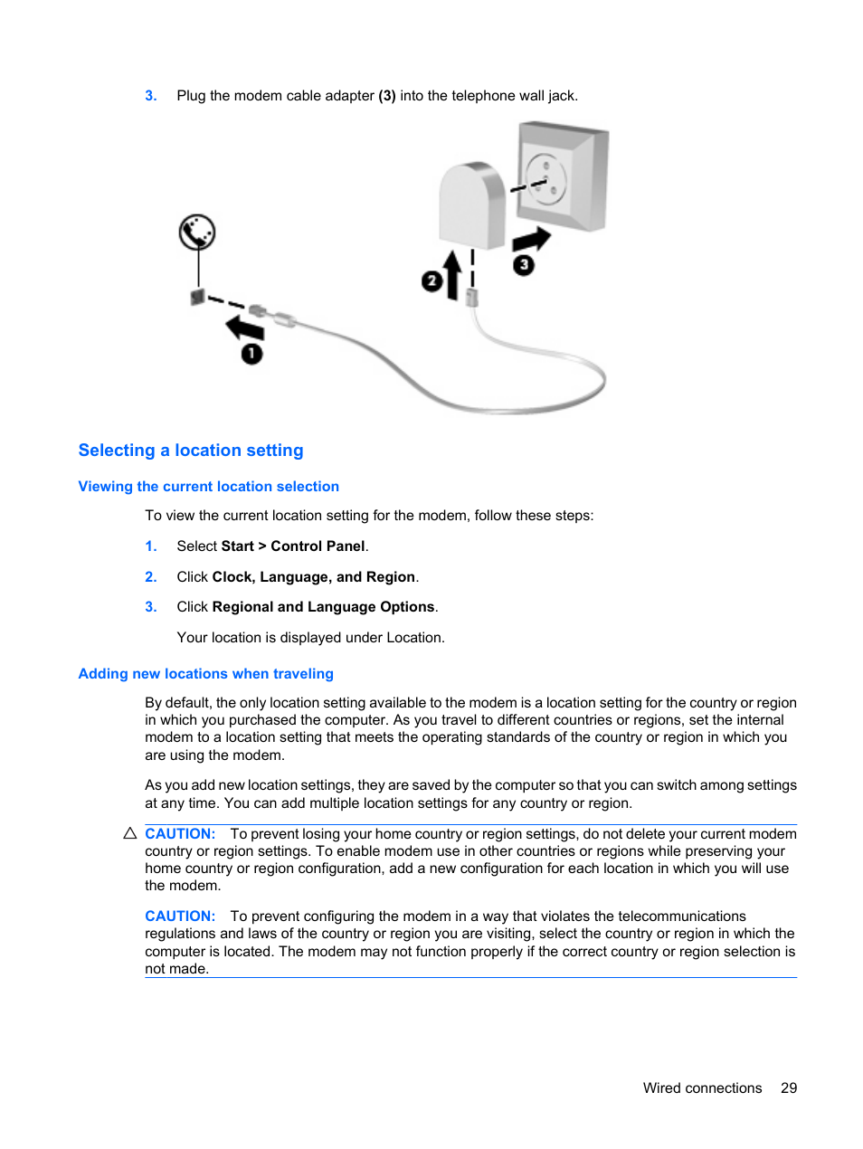 Selecting a location setting, Viewing the current location selection, Adding new locations when traveling | HP EliteBook 2540p Notebook PC User Manual | Page 41 / 175