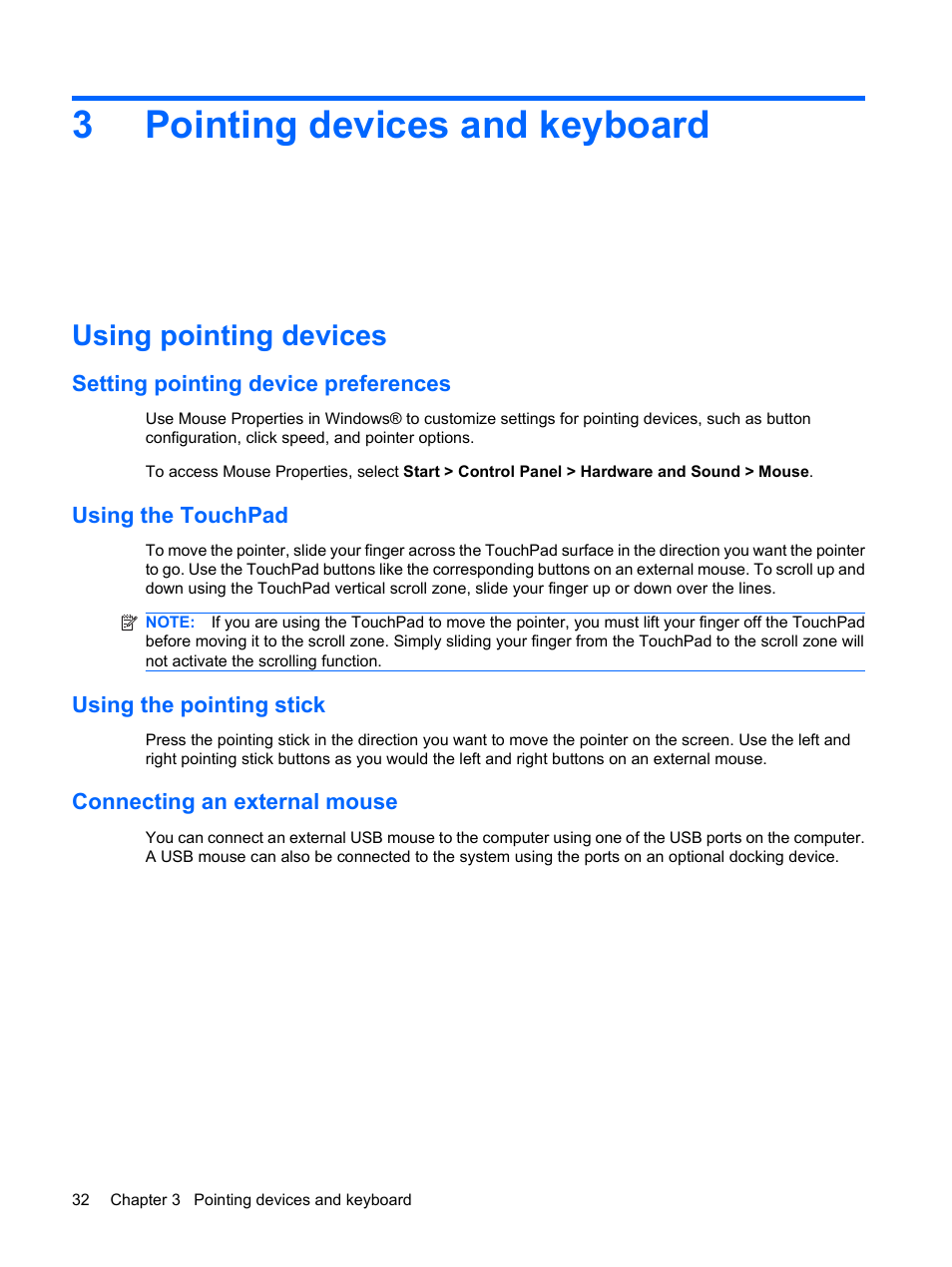 Pointing devices and keyboard, Using pointing devices, Setting pointing device preferences | Using the touchpad, Using the pointing stick, Connecting an external mouse, 3 pointing devices and keyboard, 3pointing devices and keyboard | HP EliteBook 2540p Notebook PC User Manual | Page 44 / 175