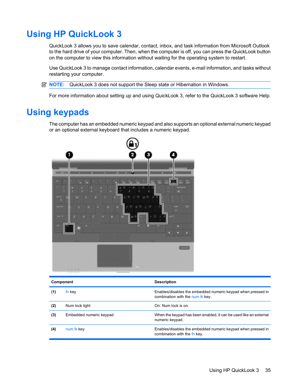Using hp quicklook 3, Using keypads, Using hp quicklook 3 using keypads | HP EliteBook 2540p Notebook PC User Manual | Page 47 / 175