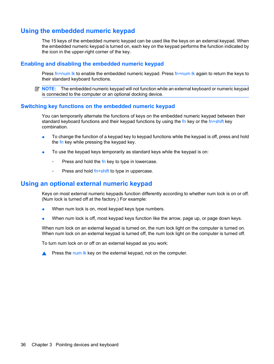 Using the embedded numeric keypad, Enabling and disabling the embedded numeric keypad, Using an optional external numeric keypad | HP EliteBook 2540p Notebook PC User Manual | Page 48 / 175