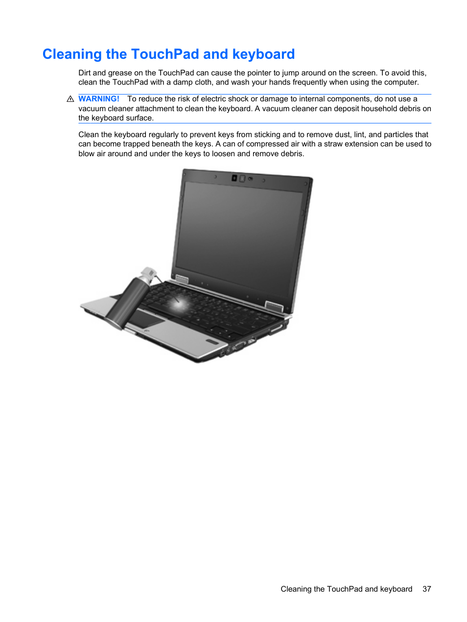 Cleaning the touchpad and keyboard | HP EliteBook 2540p Notebook PC User Manual | Page 49 / 175