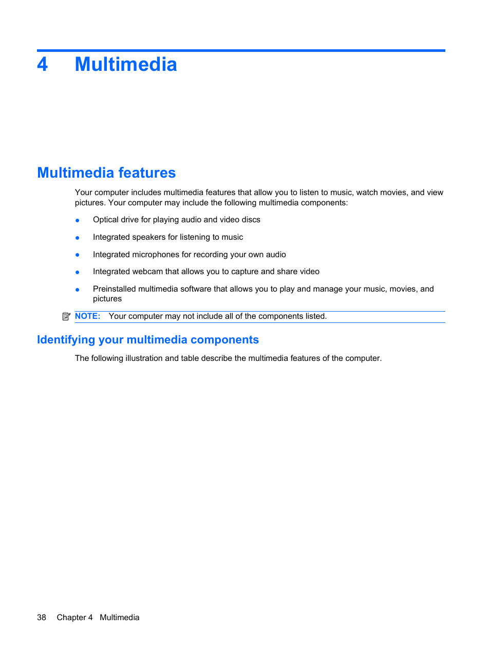 Multimedia, Multimedia features, Identifying your multimedia components | 4 multimedia, 4multimedia | HP EliteBook 2540p Notebook PC User Manual | Page 50 / 175