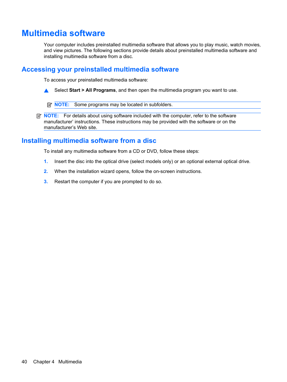 Multimedia software, Accessing your preinstalled multimedia software, Installing multimedia software from a disc | HP EliteBook 2540p Notebook PC User Manual | Page 52 / 175