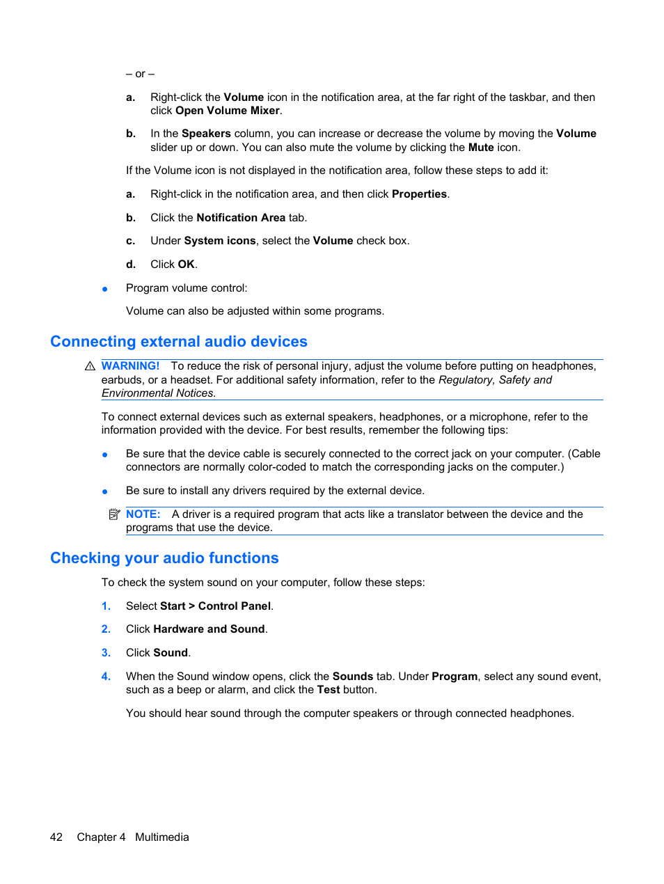 Connecting external audio devices, Checking your audio functions | HP EliteBook 2540p Notebook PC User Manual | Page 54 / 175