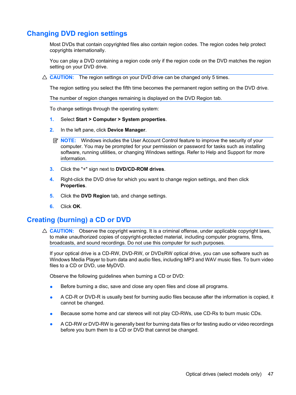 Changing dvd region settings, Creating (burning) a cd or dvd | HP EliteBook 2540p Notebook PC User Manual | Page 59 / 175