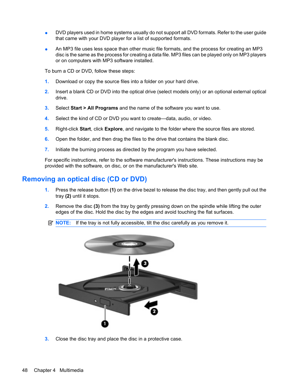 Removing an optical disc (cd or dvd) | HP EliteBook 2540p Notebook PC User Manual | Page 60 / 175