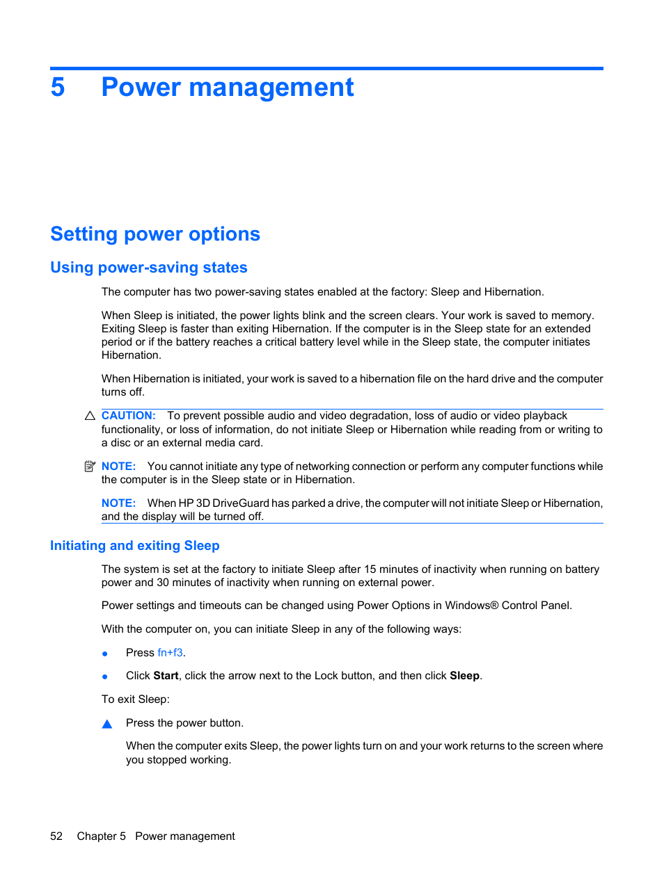 Power management, Setting power options, Using power-saving states | Initiating and exiting sleep, 5 power management, 5power management | HP EliteBook 2540p Notebook PC User Manual | Page 64 / 175