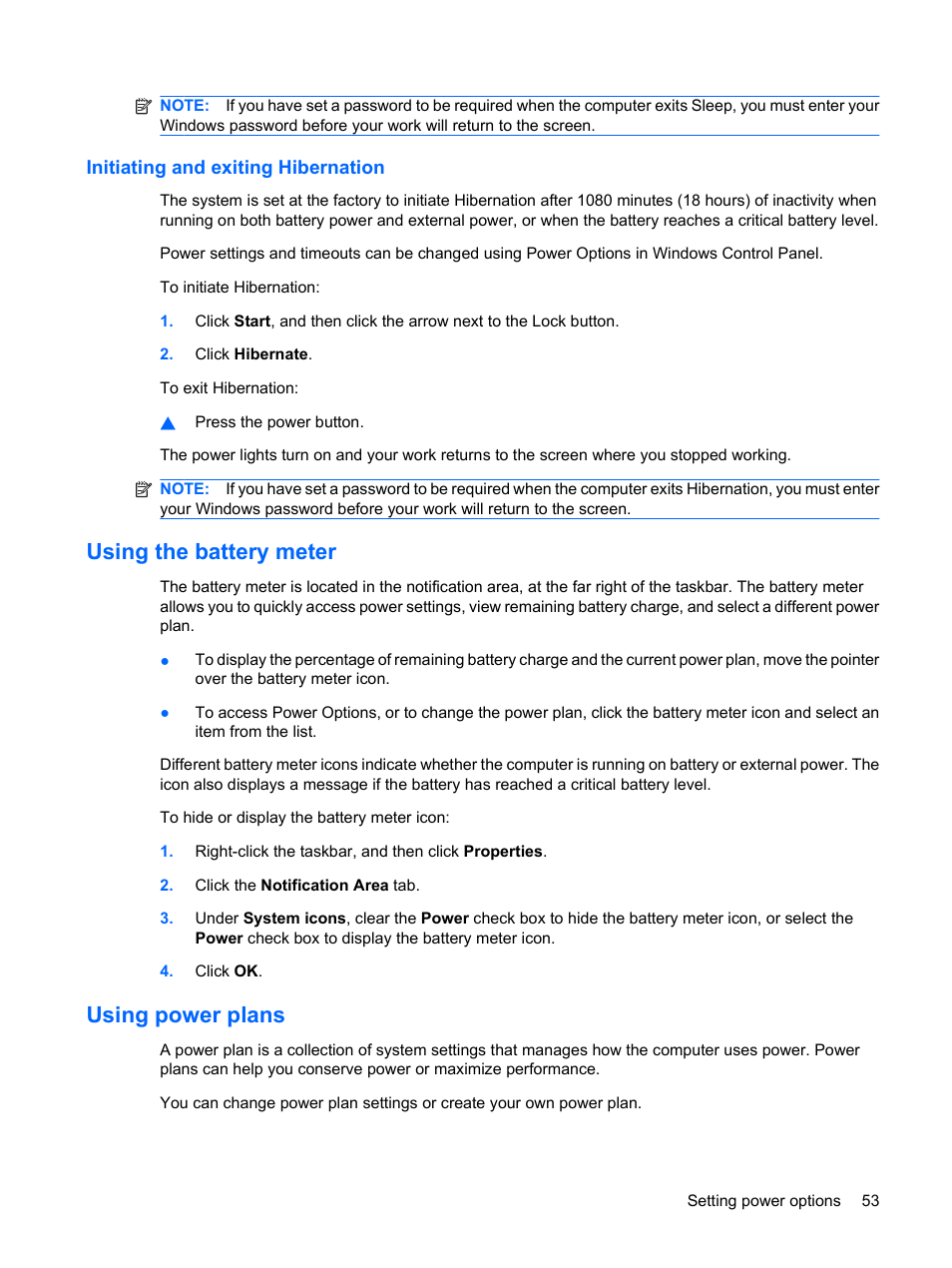Initiating and exiting hibernation, Using the battery meter, Using power plans | Using the battery meter using power plans | HP EliteBook 2540p Notebook PC User Manual | Page 65 / 175