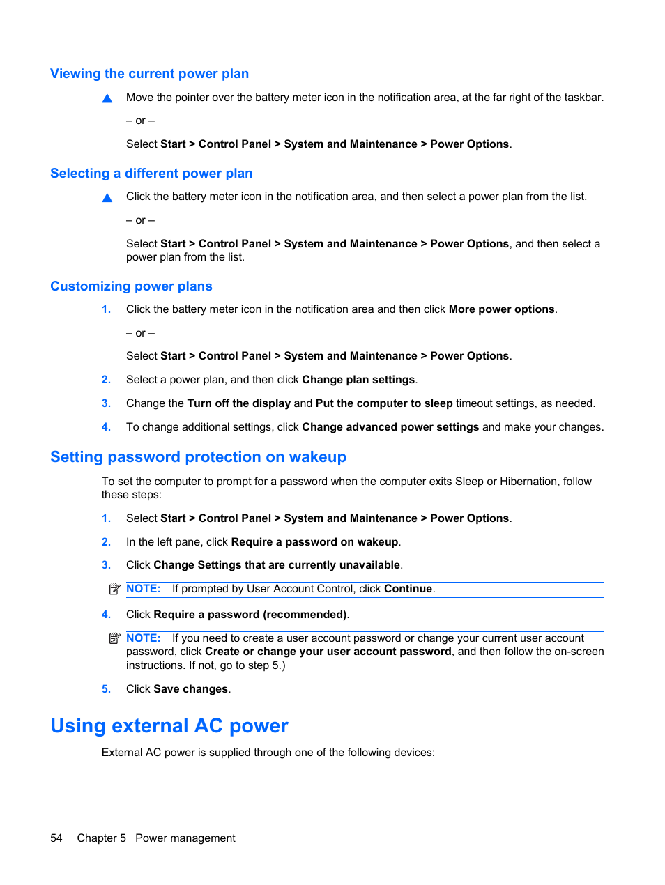 Viewing the current power plan, Selecting a different power plan, Customizing power plans | Setting password protection on wakeup, Using external ac power | HP EliteBook 2540p Notebook PC User Manual | Page 66 / 175