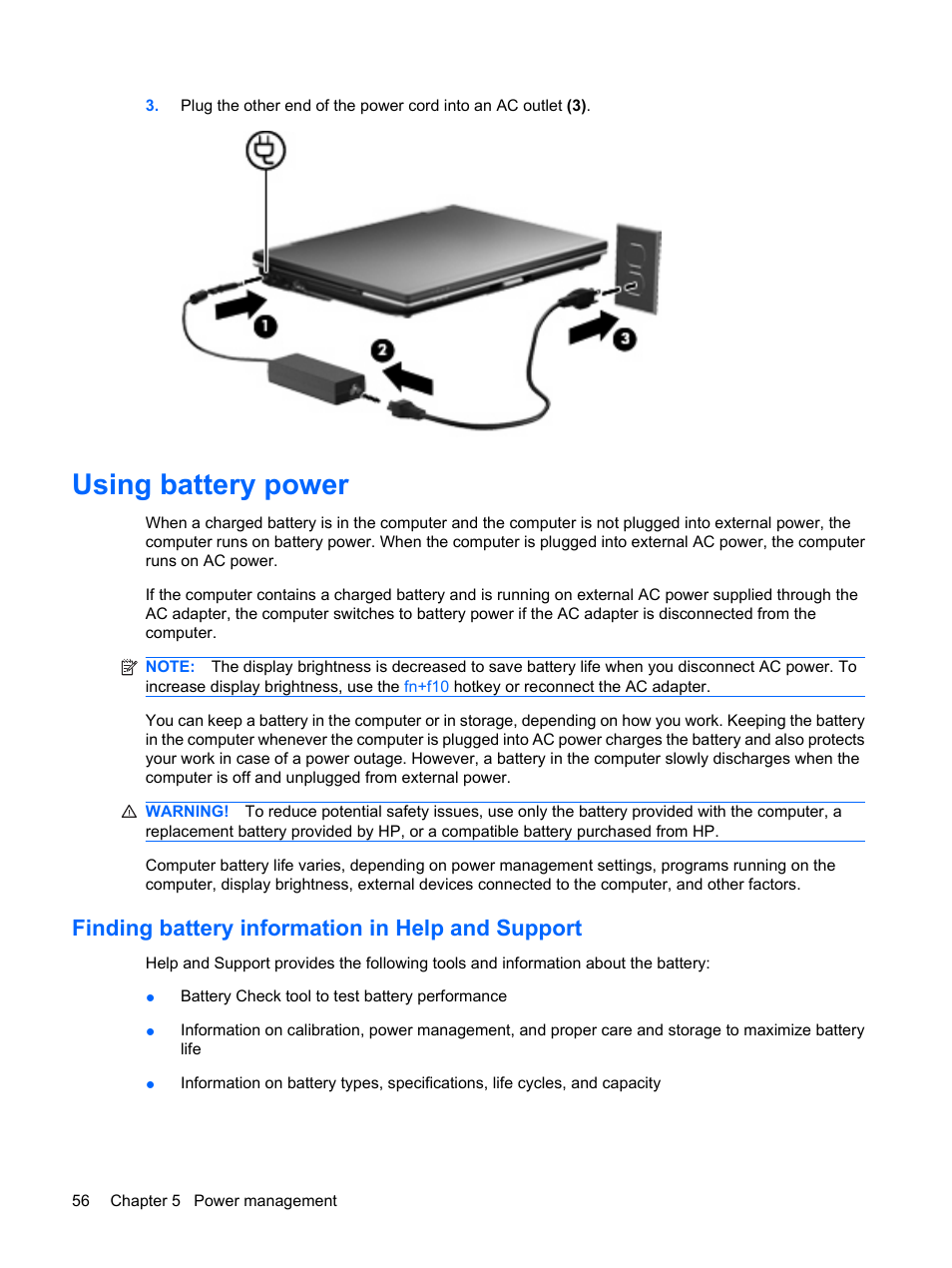 Using battery power, Finding battery information in help and support | HP EliteBook 2540p Notebook PC User Manual | Page 68 / 175