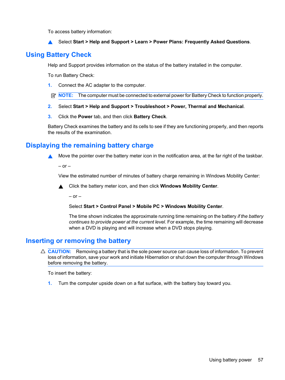 Using battery check, Displaying the remaining battery charge, Inserting or removing the battery | HP EliteBook 2540p Notebook PC User Manual | Page 69 / 175