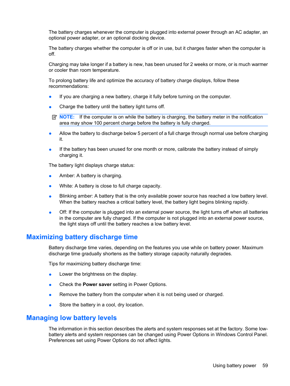 Maximizing battery discharge time, Managing low battery levels | HP EliteBook 2540p Notebook PC User Manual | Page 71 / 175