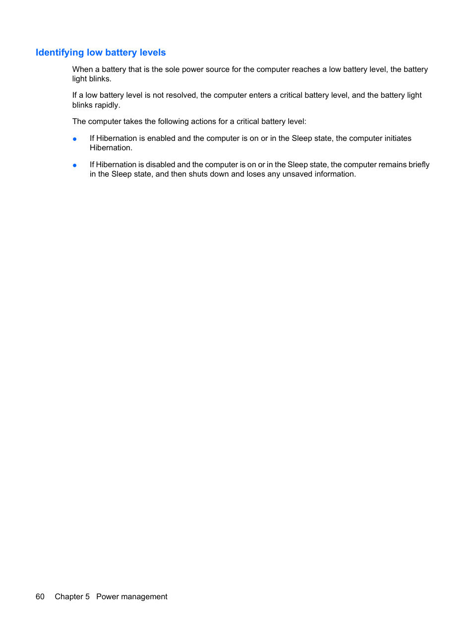 Identifying low battery levels | HP EliteBook 2540p Notebook PC User Manual | Page 72 / 175