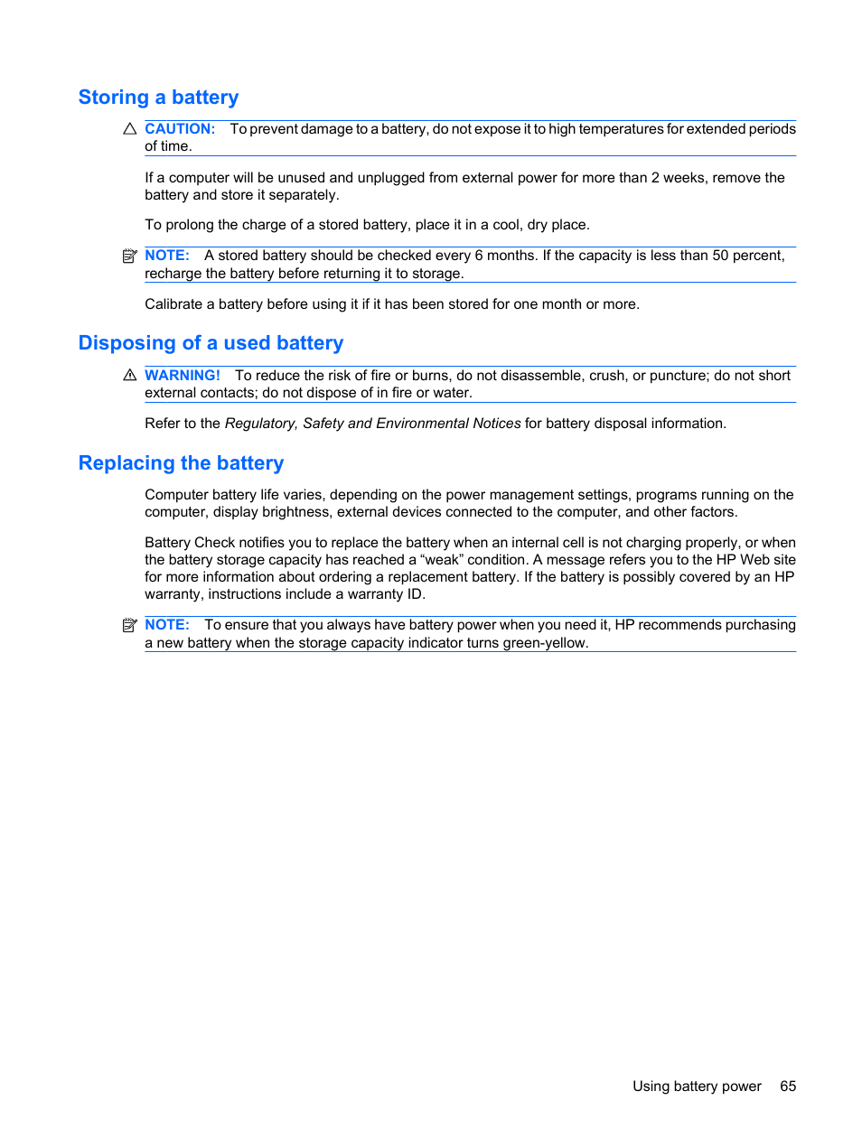 Storing a battery, Disposing of a used battery, Replacing the battery | HP EliteBook 2540p Notebook PC User Manual | Page 77 / 175