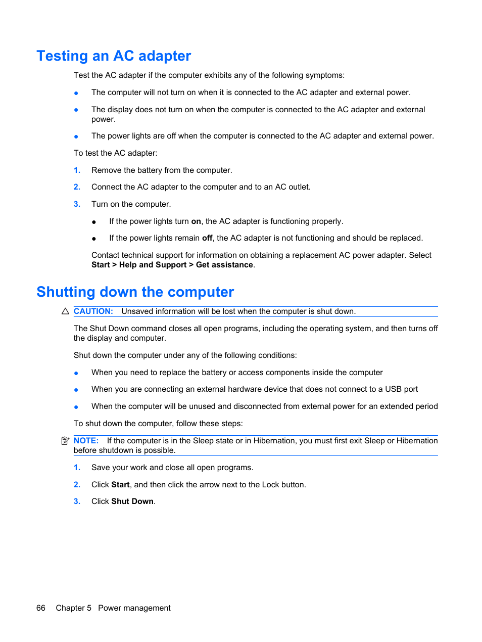 Testing an ac adapter, Shutting down the computer, Testing an ac adapter shutting down the computer | HP EliteBook 2540p Notebook PC User Manual | Page 78 / 175