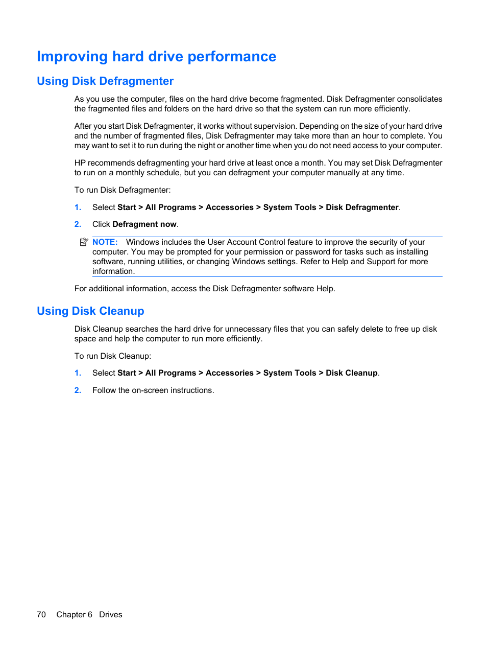 Improving hard drive performance, Using disk defragmenter, Using disk cleanup | Using disk defragmenter using disk cleanup | HP EliteBook 2540p Notebook PC User Manual | Page 82 / 175