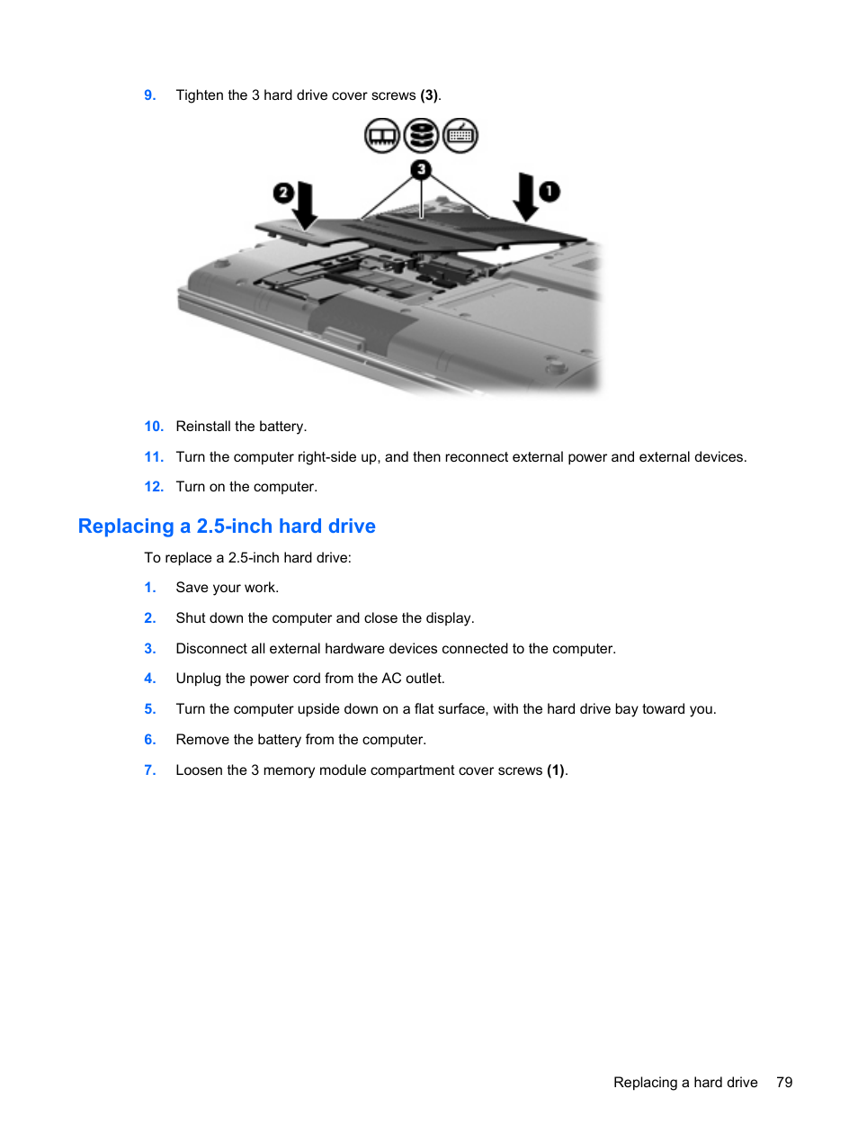 Replacing a 2.5-inch hard drive | HP EliteBook 2540p Notebook PC User Manual | Page 91 / 175