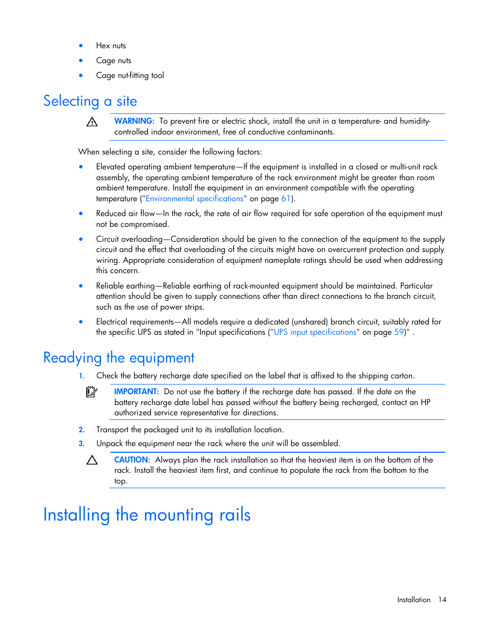 Selecting a site, Readying the equipment, Installing the mounting rails | Selecting a site readying the equipment | HP Tower Uninterruptible Power System User Manual | Page 14 / 79