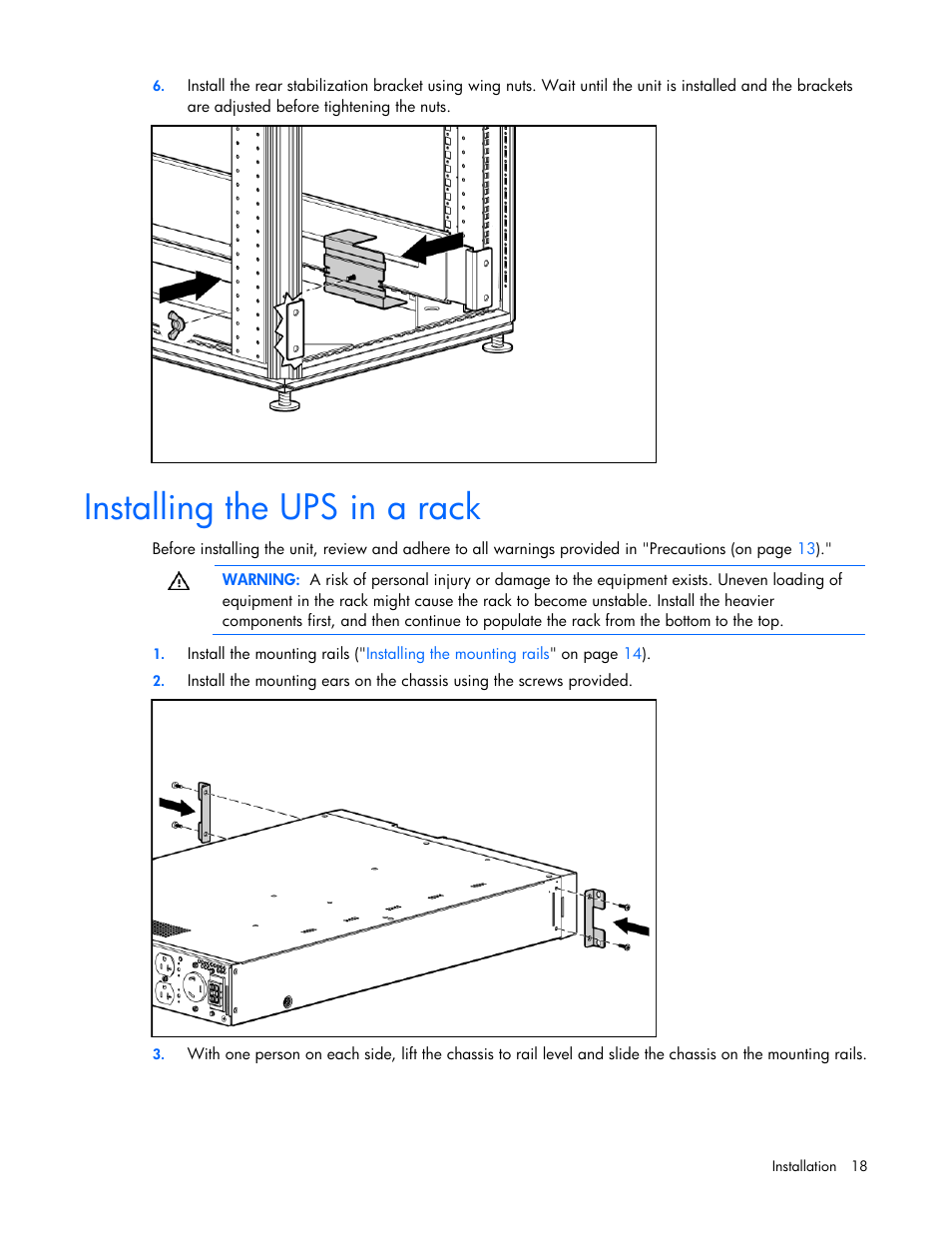 Installing the ups in a rack | HP Tower Uninterruptible Power System User Manual | Page 18 / 79