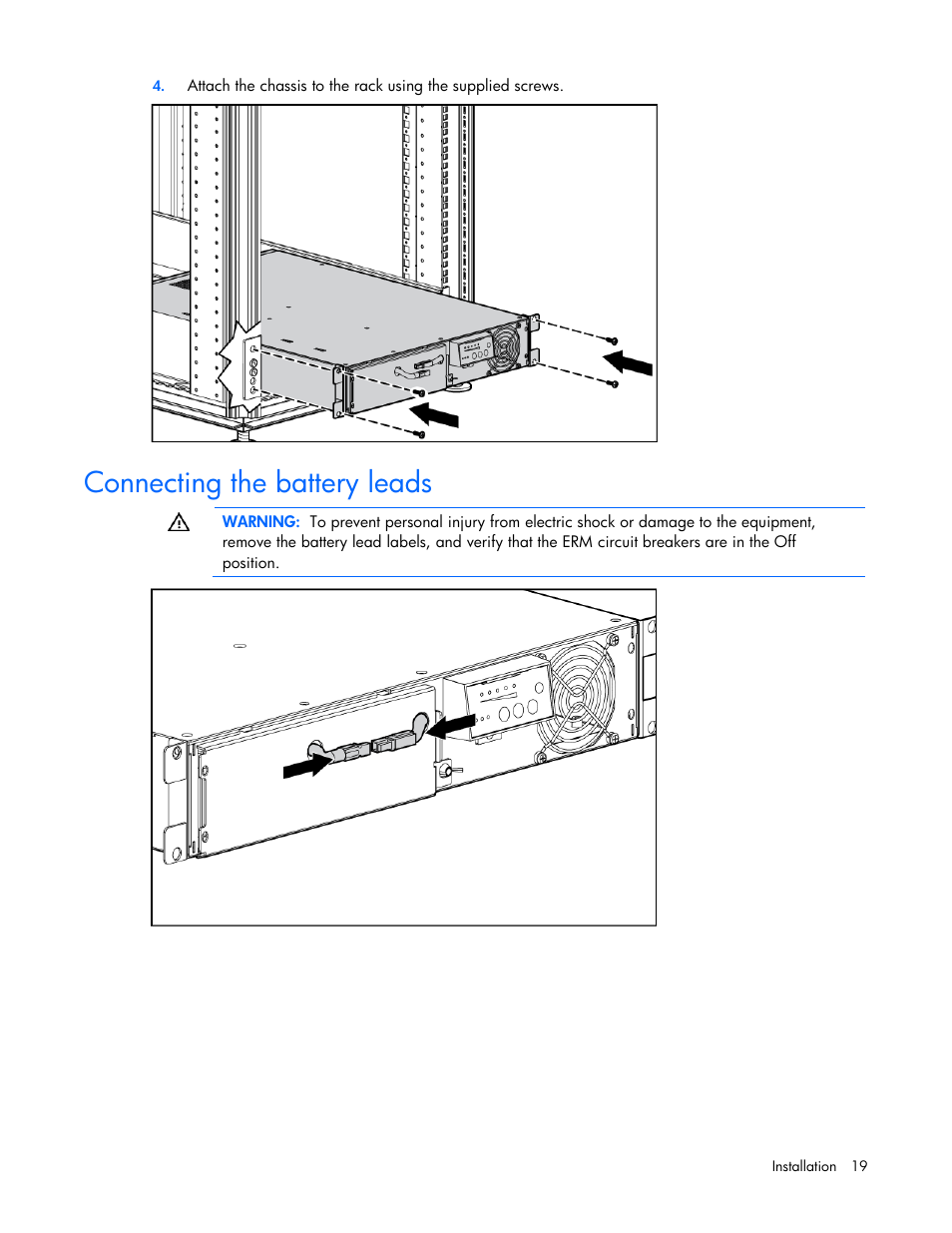 Connecting the battery leads | HP Tower Uninterruptible Power System User Manual | Page 19 / 79