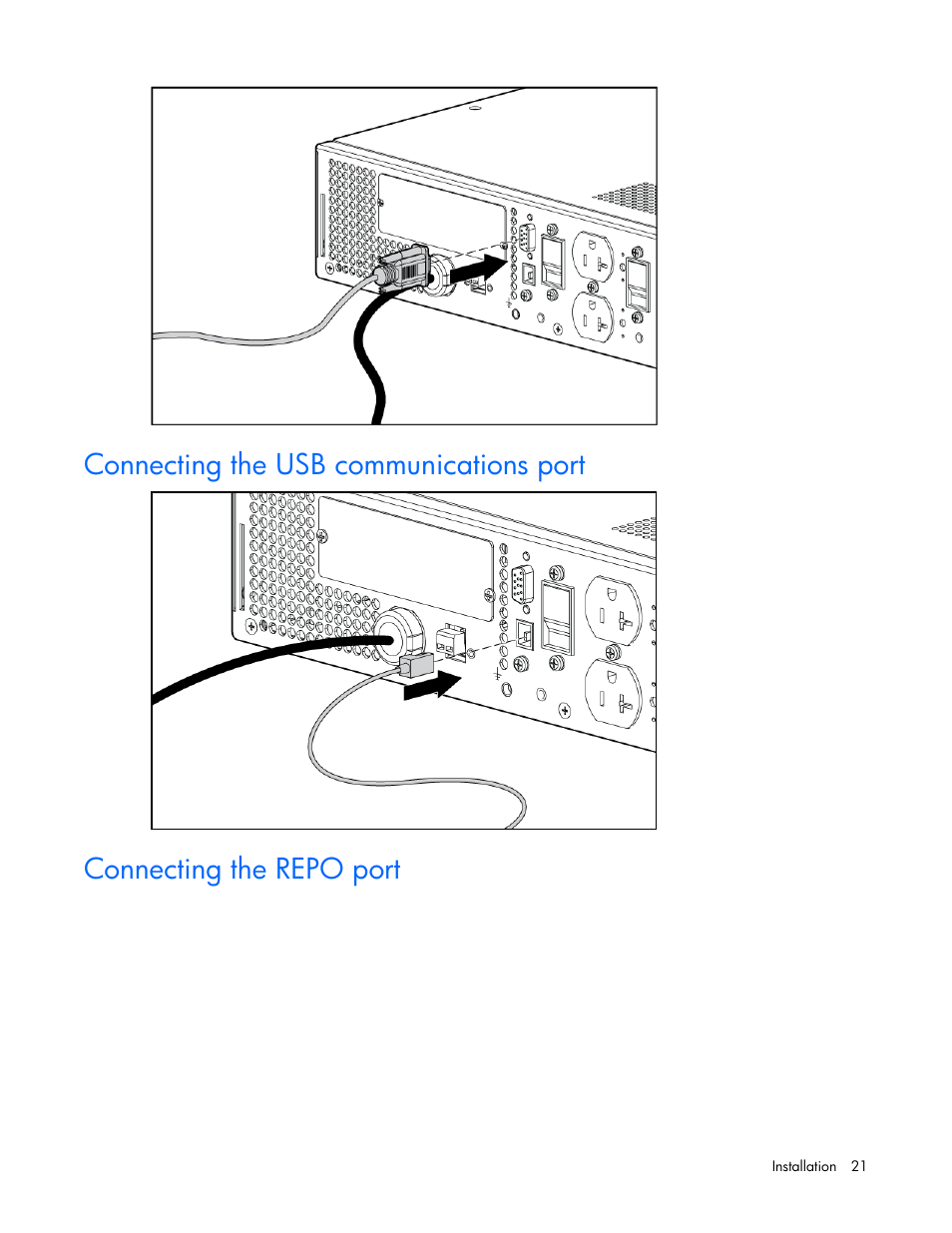 Connecting the usb communications port, Connecting the repo port | HP Tower Uninterruptible Power System User Manual | Page 21 / 79