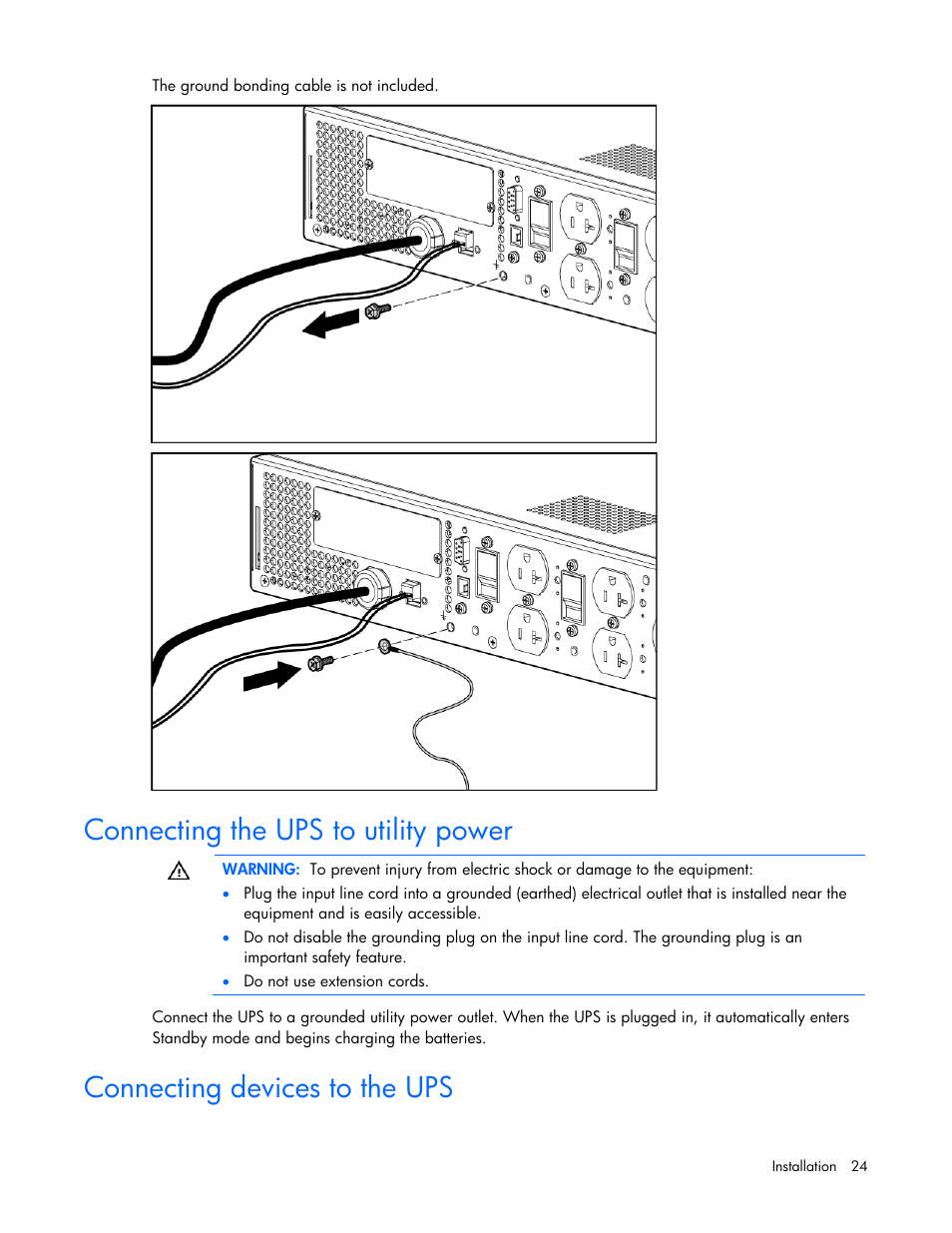 Connecting the ups to utility power, Connecting devices to the ups | HP Tower Uninterruptible Power System User Manual | Page 24 / 79