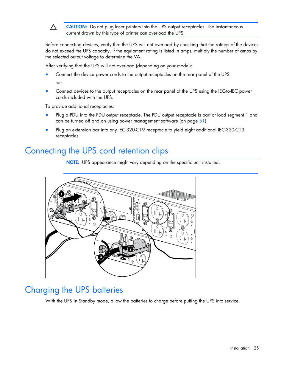 Connecting the ups cord retention clips, Charging the ups batteries | HP Tower Uninterruptible Power System User Manual | Page 25 / 79