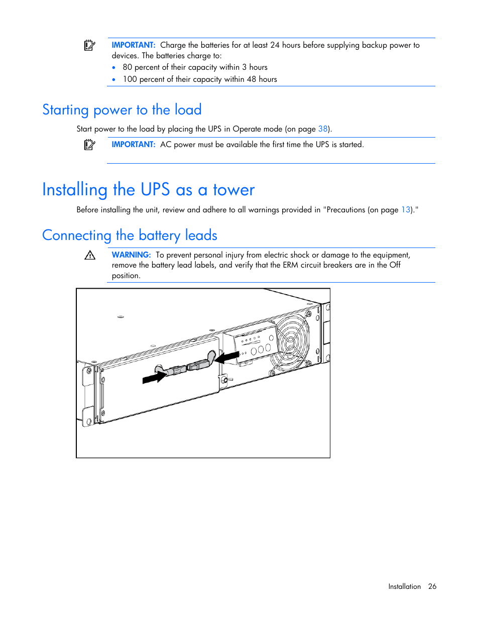 Starting power to the load, Installing the ups as a tower, Connecting the battery leads | Starting power to the, Load | HP Tower Uninterruptible Power System User Manual | Page 26 / 79
