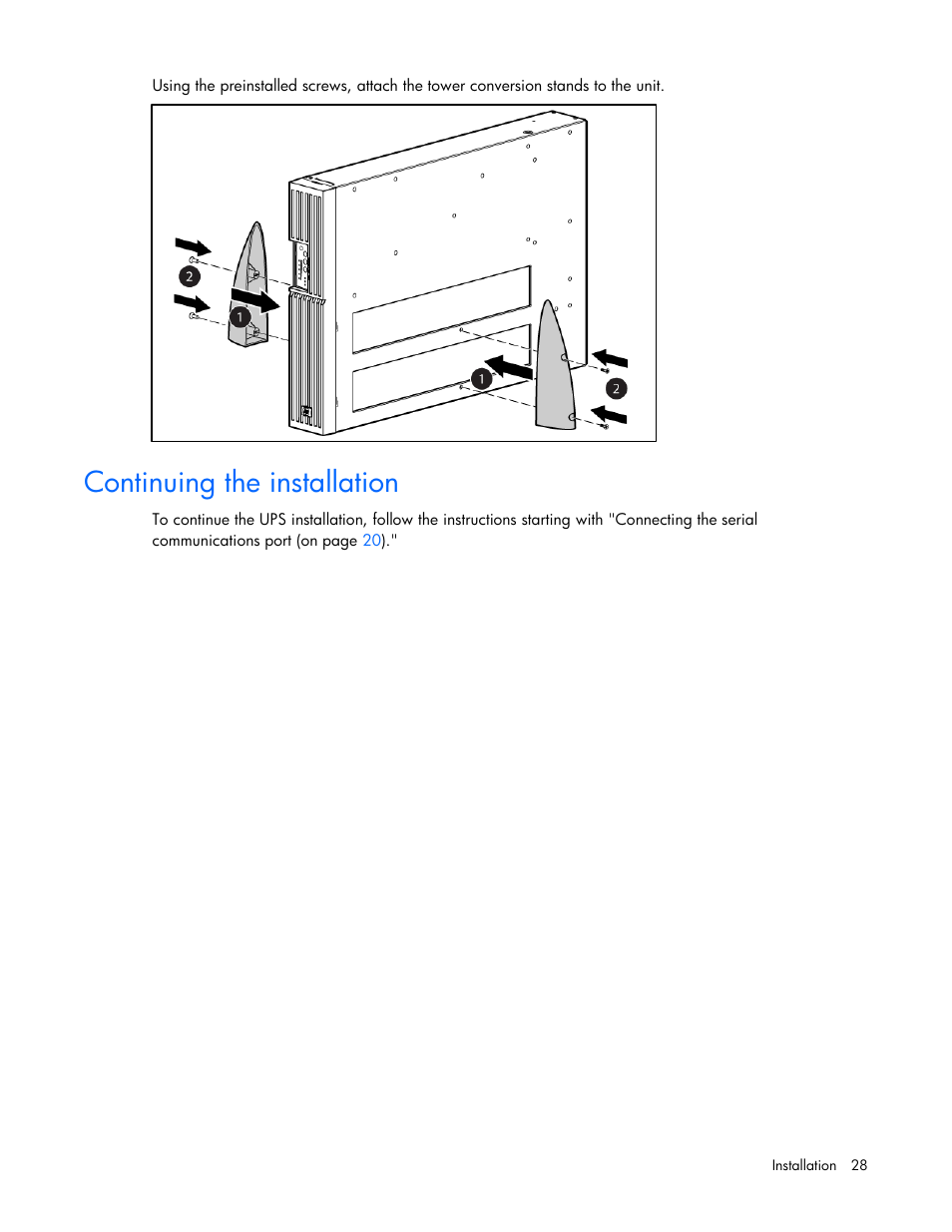 Continuing the installation | HP Tower Uninterruptible Power System User Manual | Page 28 / 79