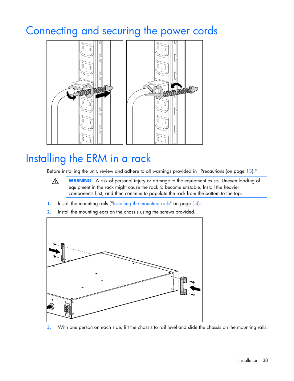 Connecting and securing the power cords, Installing the erm in a rack | HP Tower Uninterruptible Power System User Manual | Page 30 / 79