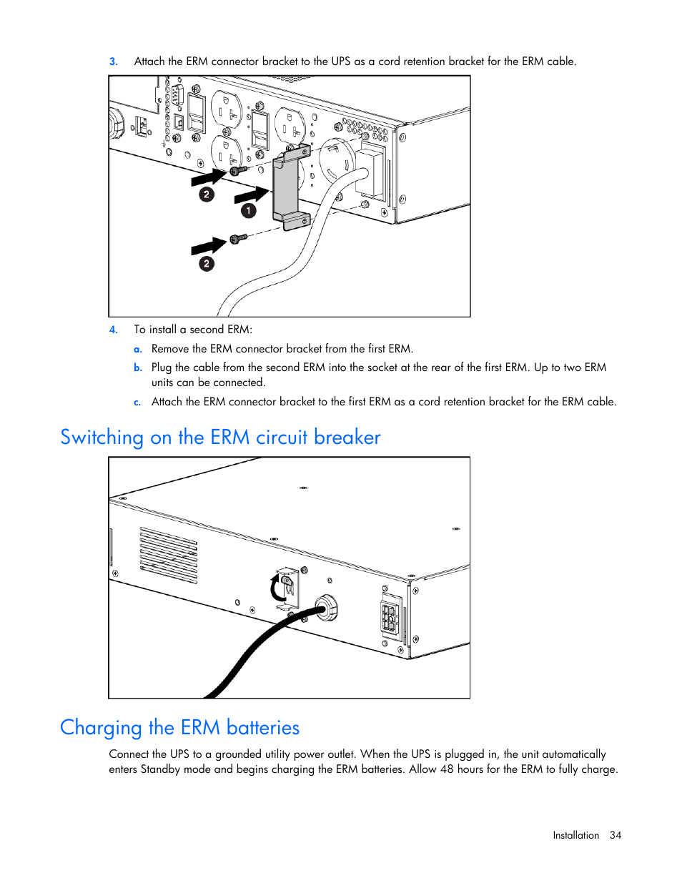 Switching on the erm circuit breaker, Charging the erm batteries | HP Tower Uninterruptible Power System User Manual | Page 34 / 79