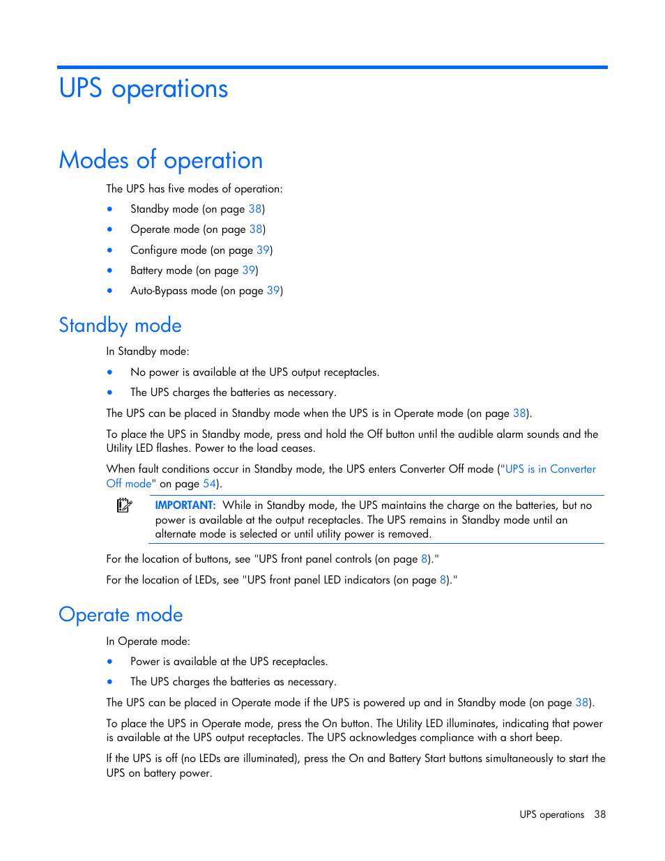 Ups operations, Modes of operation, Standby mode | Operate mode, Standby mode operate mode | HP Tower Uninterruptible Power System User Manual | Page 38 / 79