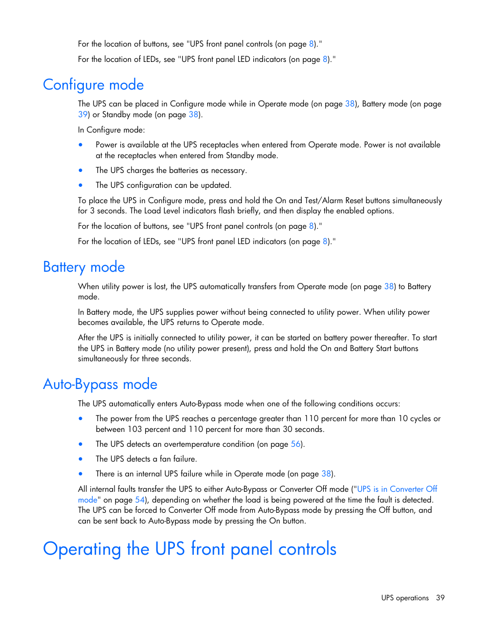 Configure mode, Battery mode, Auto-bypass mode | Operating the ups front panel controls, Configure mode battery mode auto-bypass mode | HP Tower Uninterruptible Power System User Manual | Page 39 / 79