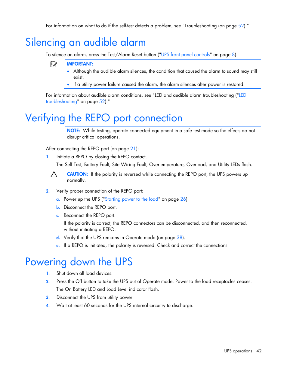 Silencing an audible alarm, Verifying the repo port connection, Powering down the ups | Silencing an audible, Alarm | HP Tower Uninterruptible Power System User Manual | Page 42 / 79