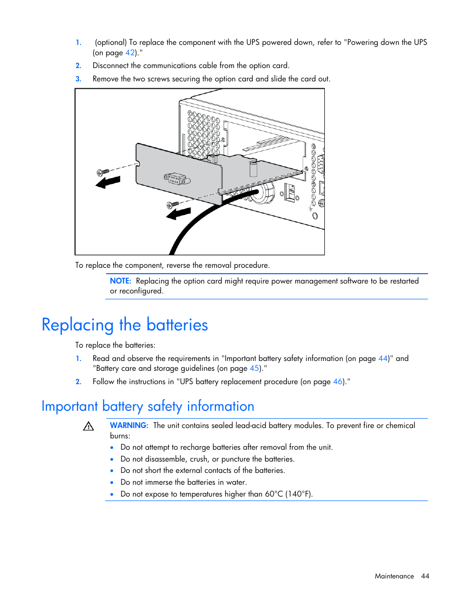 Replacing the batteries, Important battery safety information | HP Tower Uninterruptible Power System User Manual | Page 44 / 79