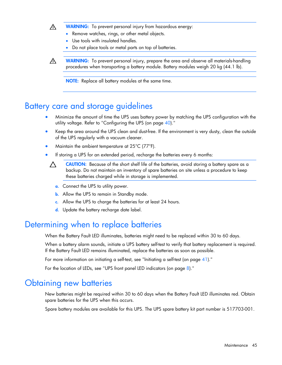 Battery care and storage guidelines, Determining when to replace batteries, Obtaining new batteries | HP Tower Uninterruptible Power System User Manual | Page 45 / 79