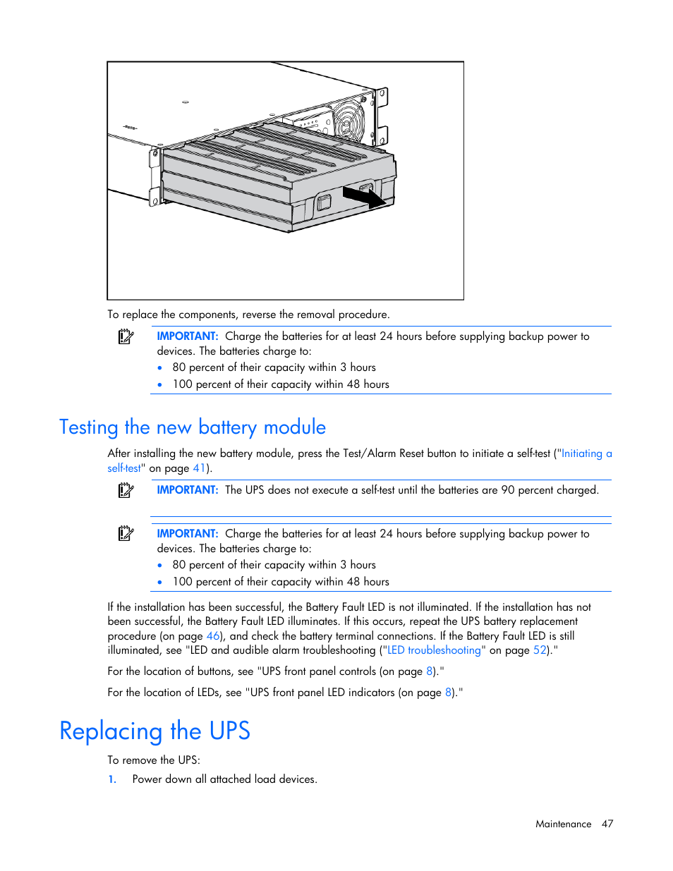 Testing the new battery module, Replacing the ups | HP Tower Uninterruptible Power System User Manual | Page 47 / 79